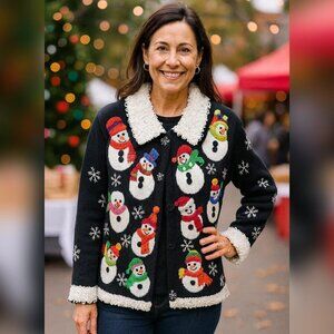 Berek Snowman Embroidered Fringe Button Cardigan Sz M